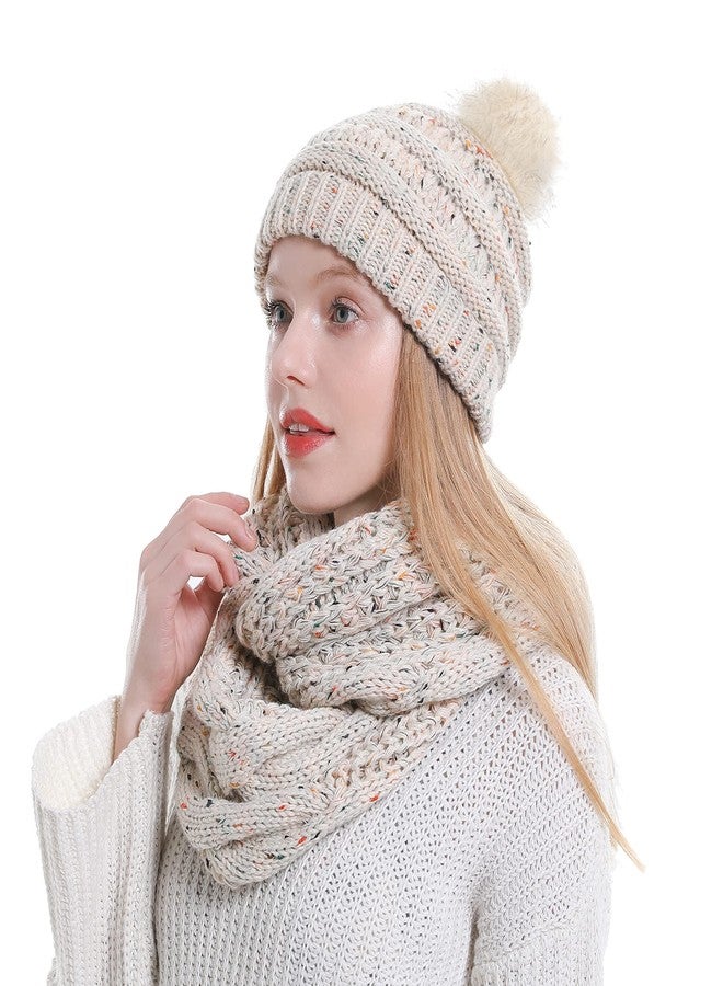 Double Couple Womens Scarf Beanie Hat with Faux Fur Ball Set Thick Winter Cable Knitted Circle Loop Infinity Scarfs for Women (Mix Beige Pom Pom Set) - Image 1